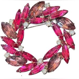 Vintage Hot Pink Rhinestone Crystal Mid Century Brooch, Silver Finish